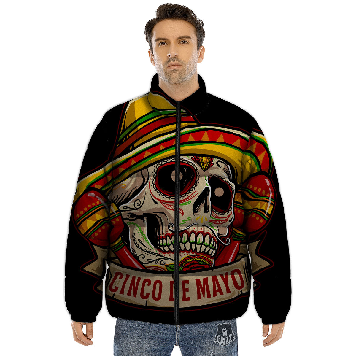 Mexican Skull Cinco de Mayo Print Puffer Jacket-grizzshop