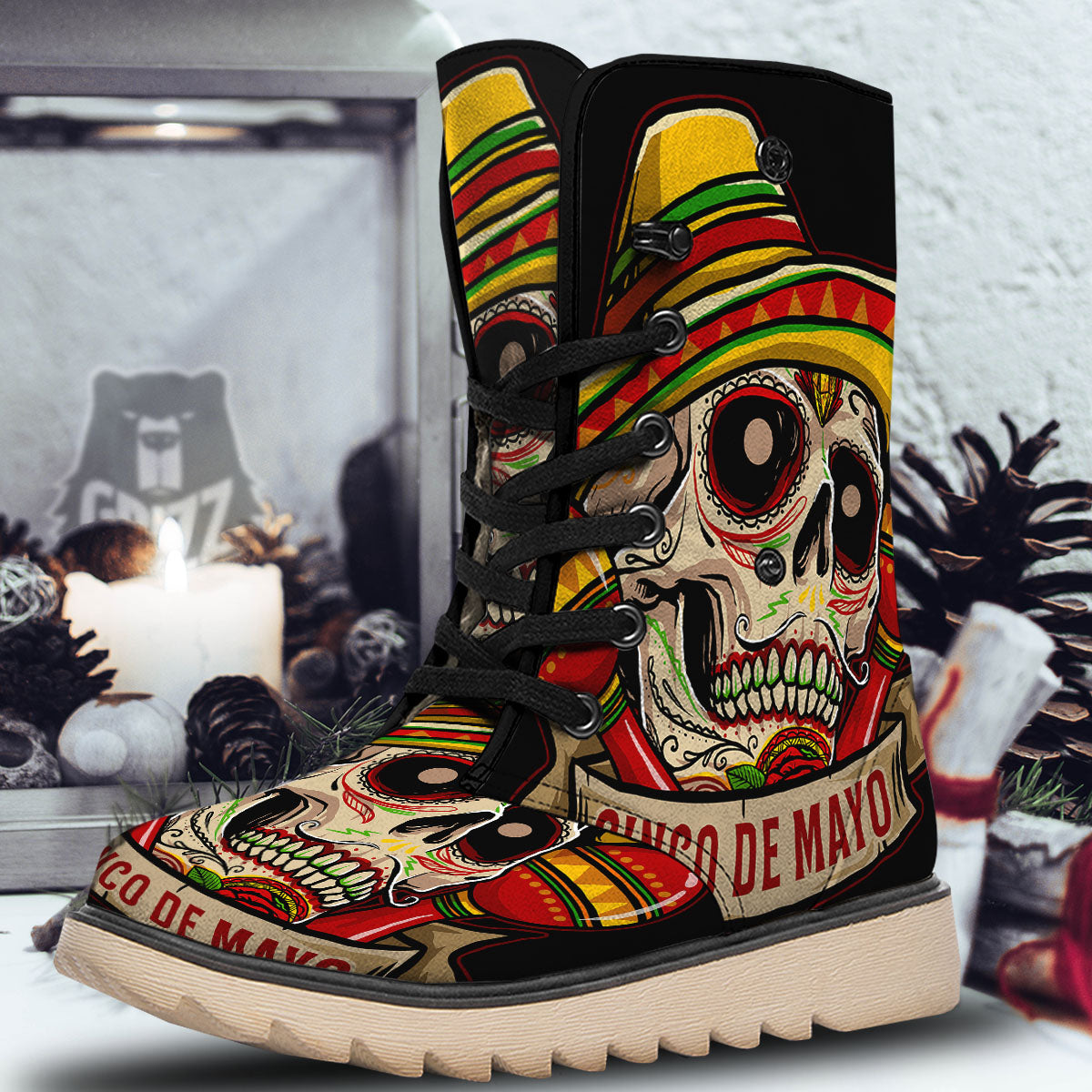 Mexican Skull Cinco de Mayo Print Snow Boots-grizzshop