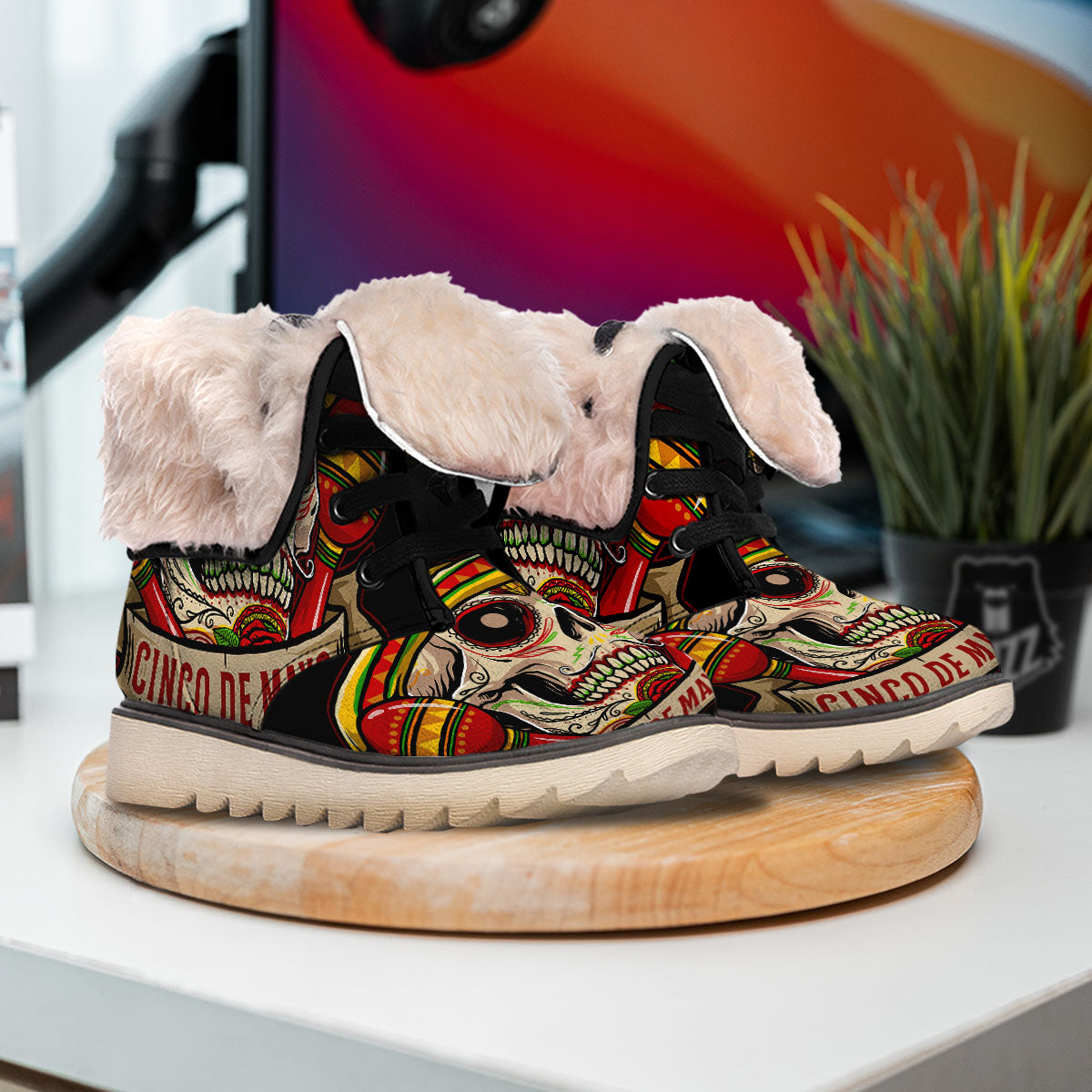 Mexican Skull Cinco de Mayo Print Snow Boots-grizzshop