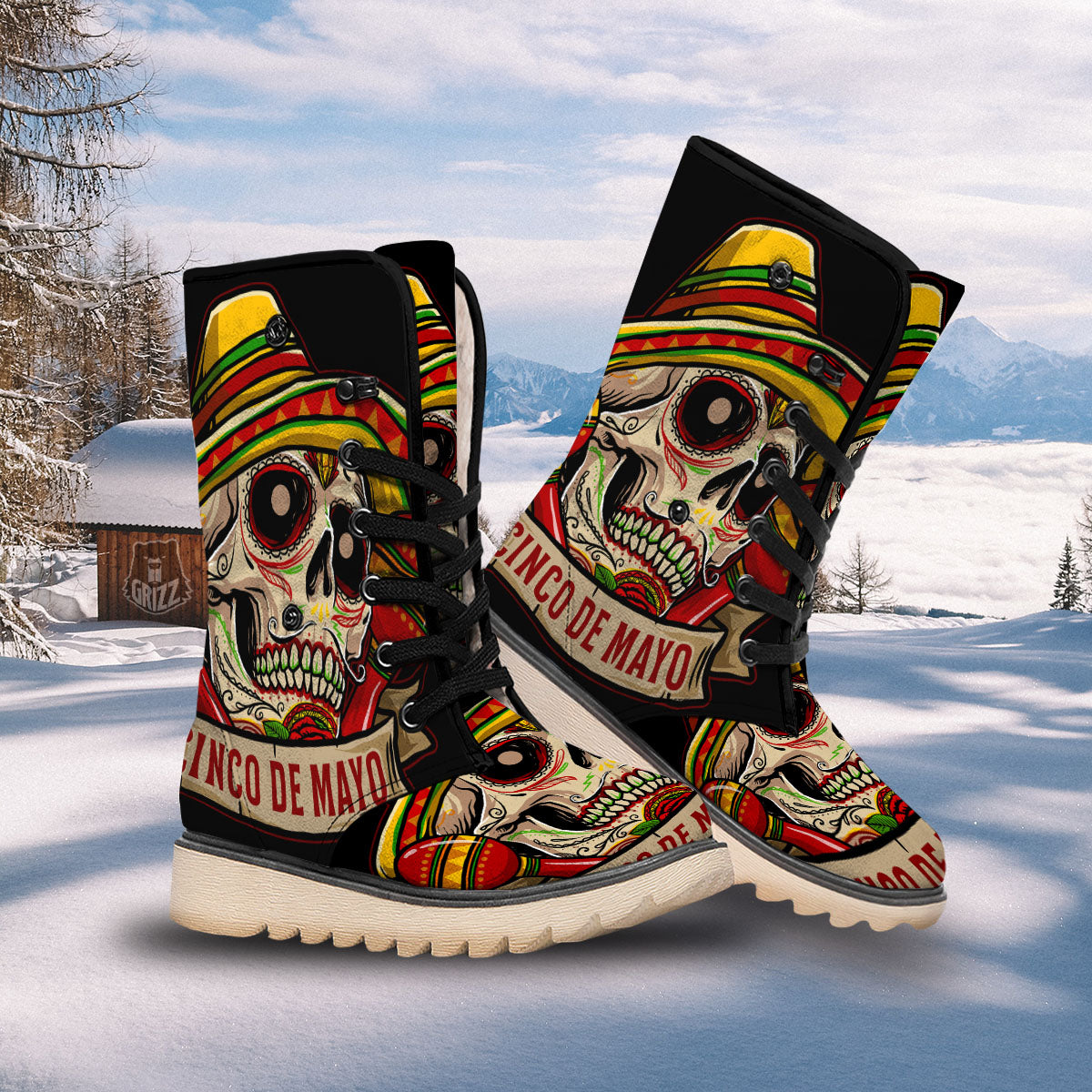 Mexican Skull Cinco de Mayo Print Snow Boots-grizzshop