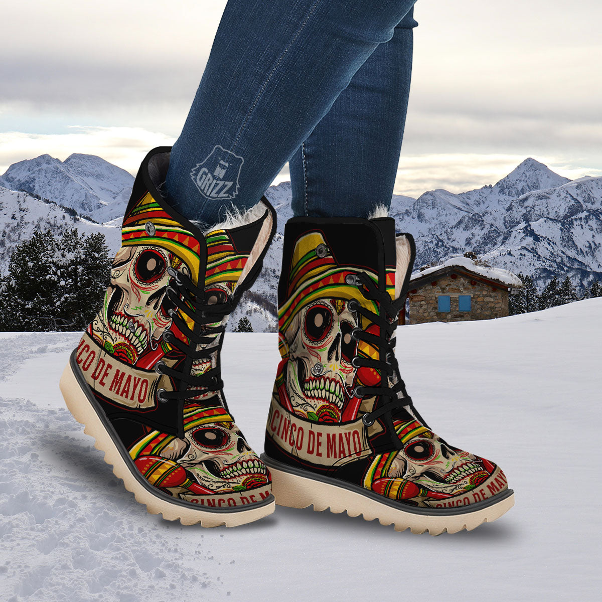 Mexican Skull Cinco de Mayo Print Snow Boots-grizzshop