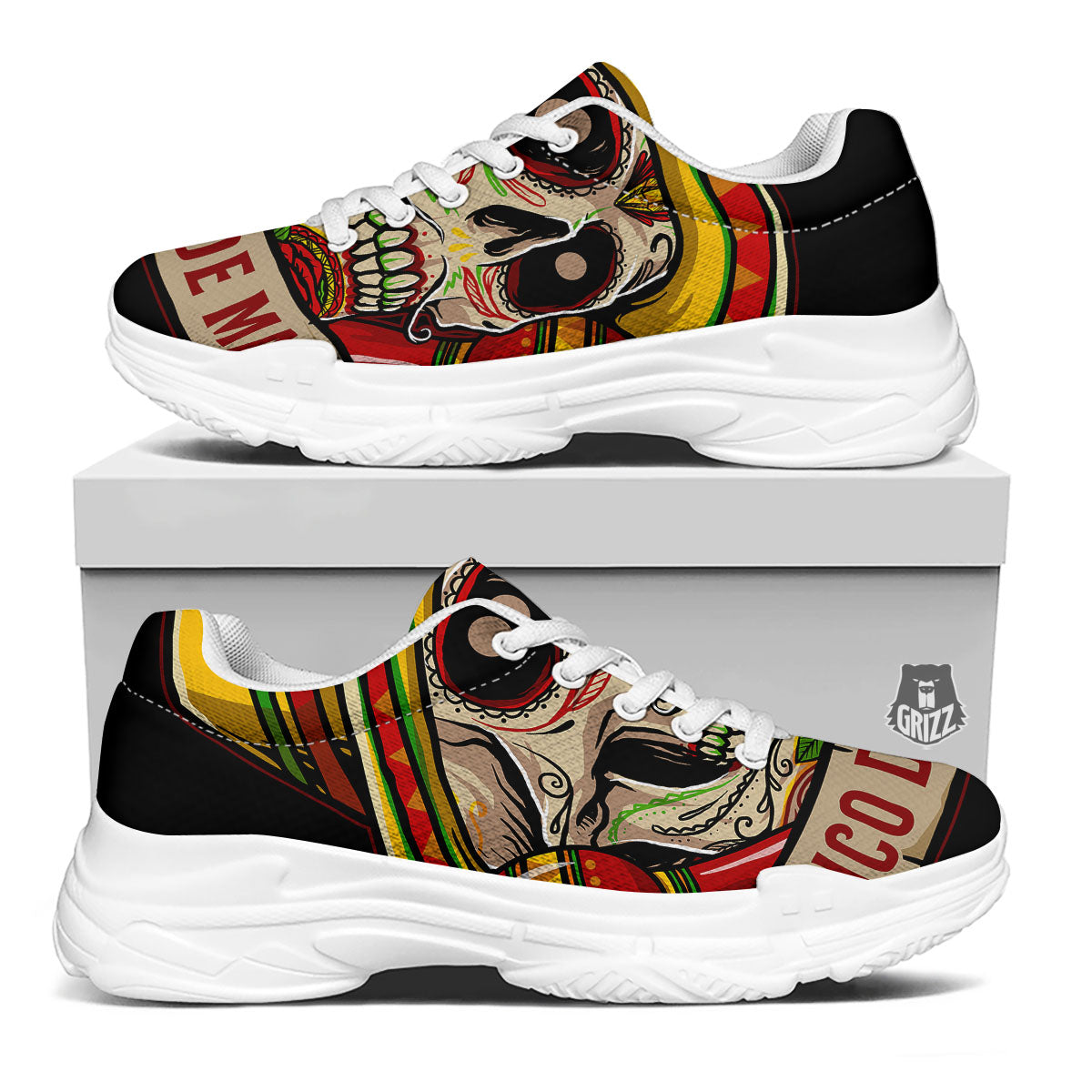 Mexican Skull Cinco de Mayo Print White Chunky Shoes-grizzshop