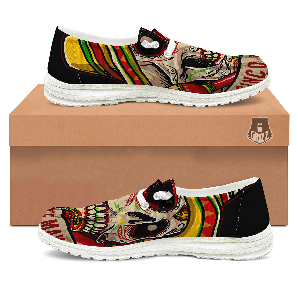 Mexican Skull Cinco de Mayo Print White Loafers-grizzshop