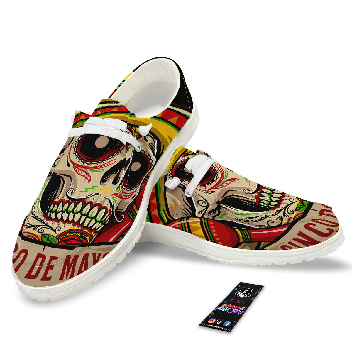 Mexican Skull Cinco de Mayo Print White Loafers-grizzshop