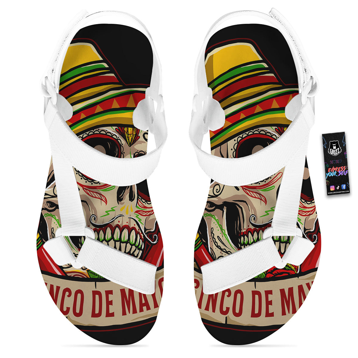 Mexican Skull Cinco de Mayo Print White Open Toe Sandals-grizzshop