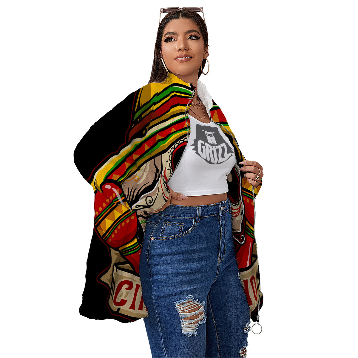 Mexican Skull Cinco de Mayo Print Women's Sherpa Jacket-grizzshop