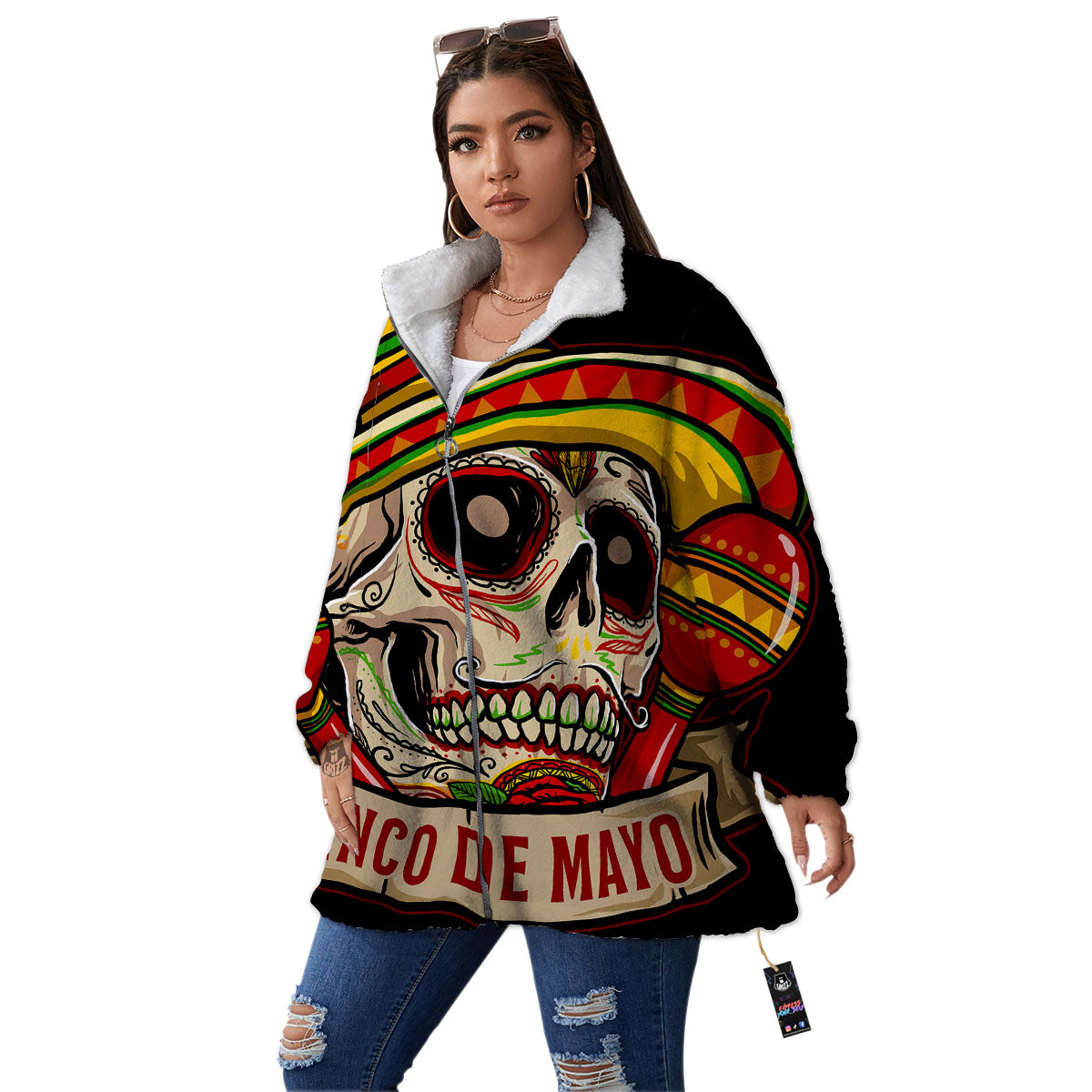 Mexican Skull Cinco de Mayo Print Women's Sherpa Jacket-grizzshop