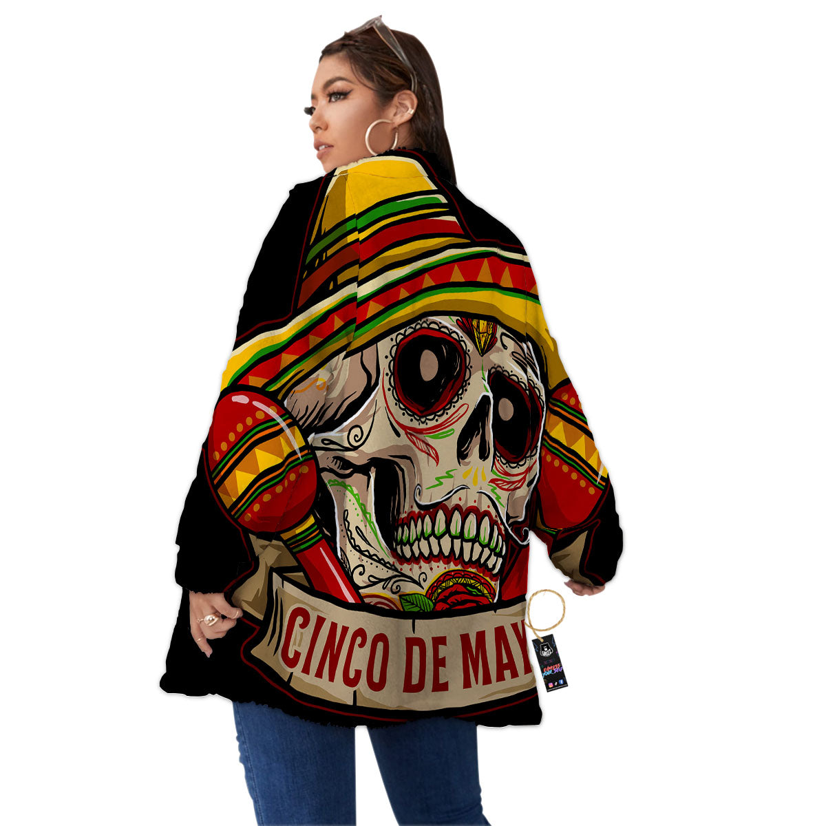 Mexican Skull Cinco de Mayo Print Women's Sherpa Jacket-grizzshop