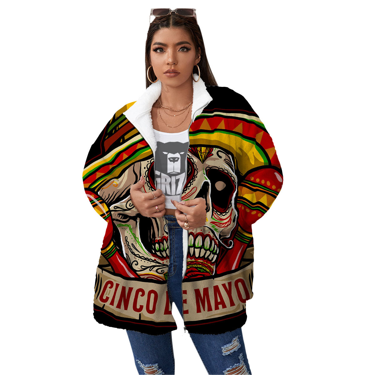 Mexican Skull Cinco de Mayo Print Women's Sherpa Jacket-grizzshop