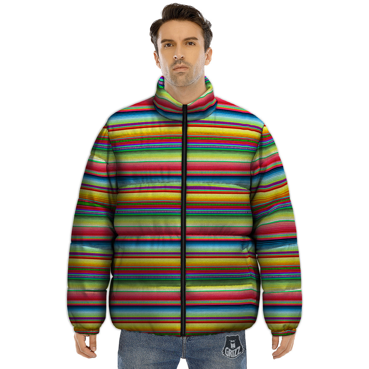 Mexican Stripe Cinco De Mayo Print Puffer Jacket-grizzshop