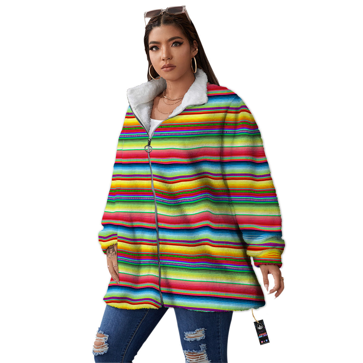 Mexican Stripe Cinco De Mayo Print Women's Sherpa Jacket-grizzshop