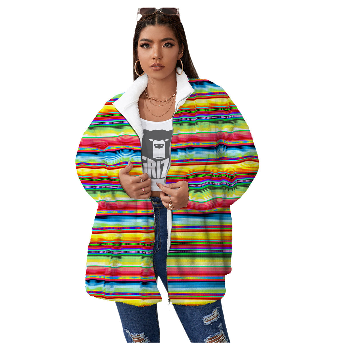 Mexican Stripe Cinco De Mayo Print Women's Sherpa Jacket-grizzshop