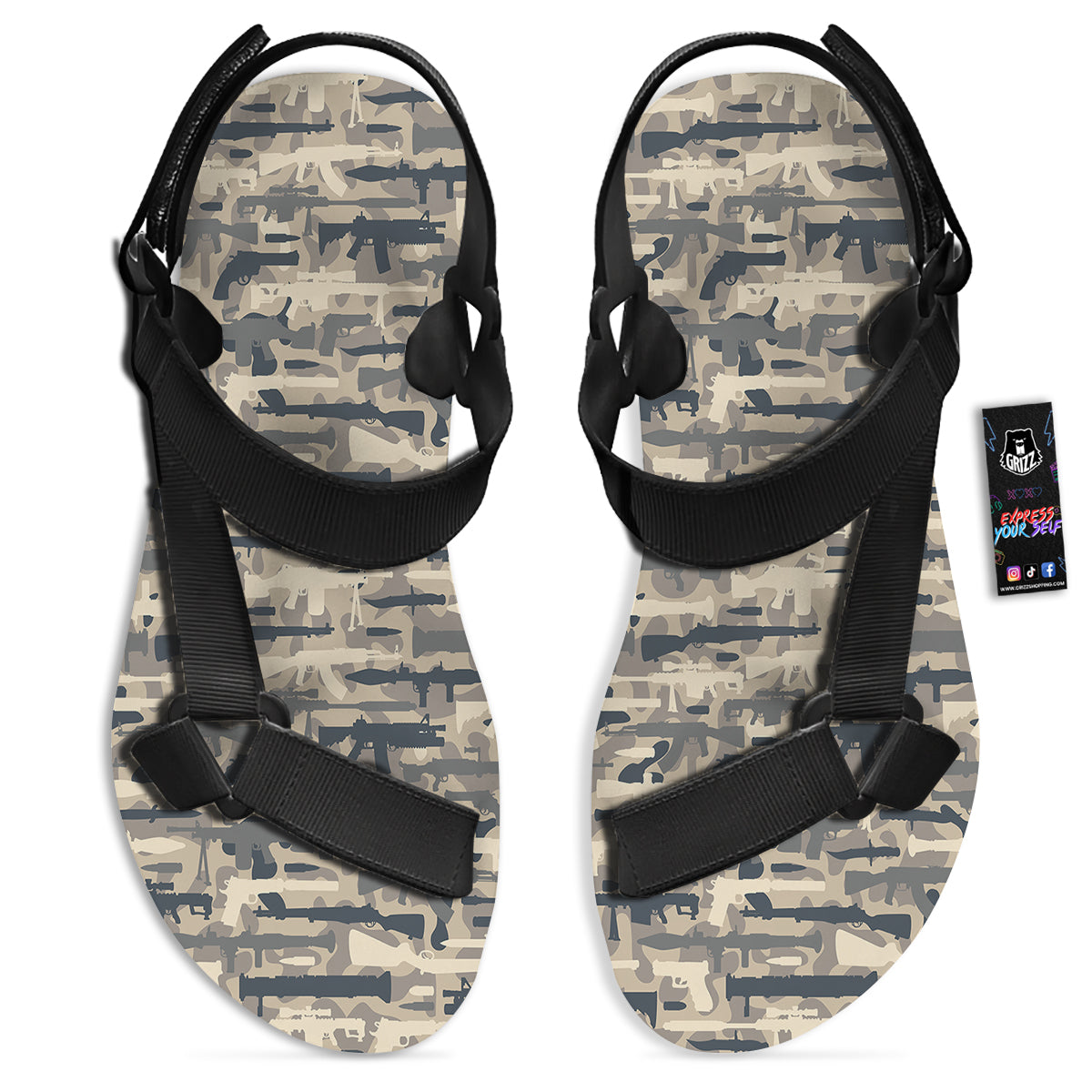 Military Gun Air Force Camo Print Black Open Toe Sandals-grizzshop