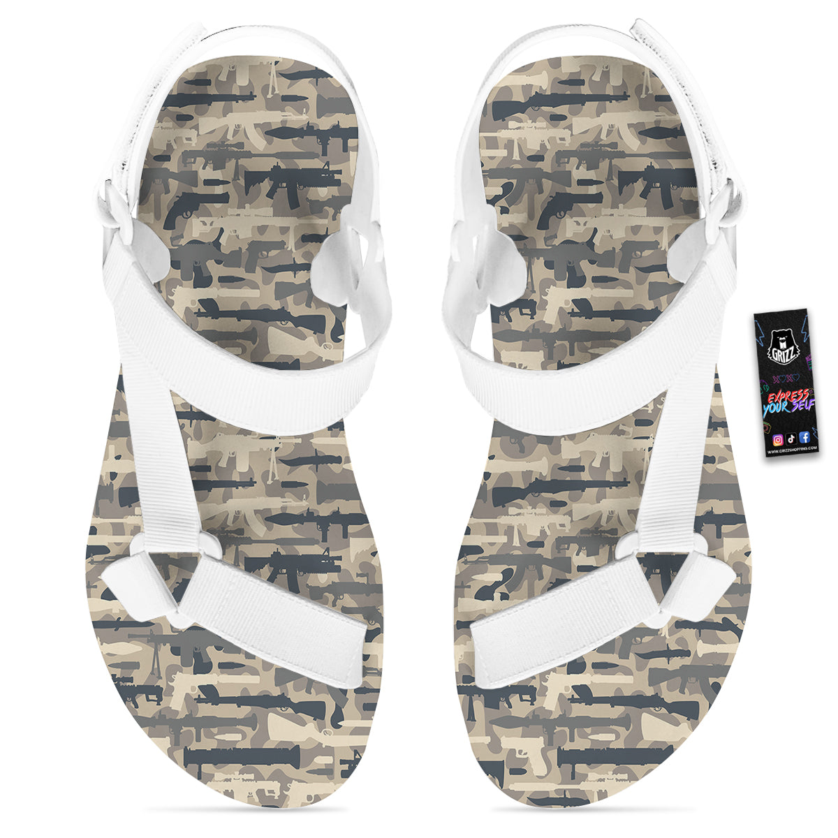 Military Gun Air Force Camo Print White Open Toe Sandals-grizzshop