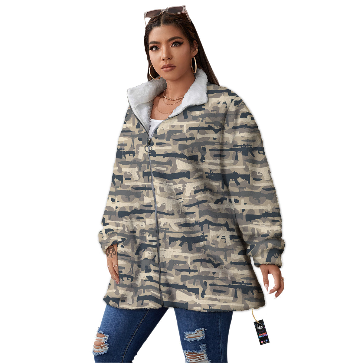 Military Gun Air Force Camo Print Women's Sherpa Jacket-grizzshop