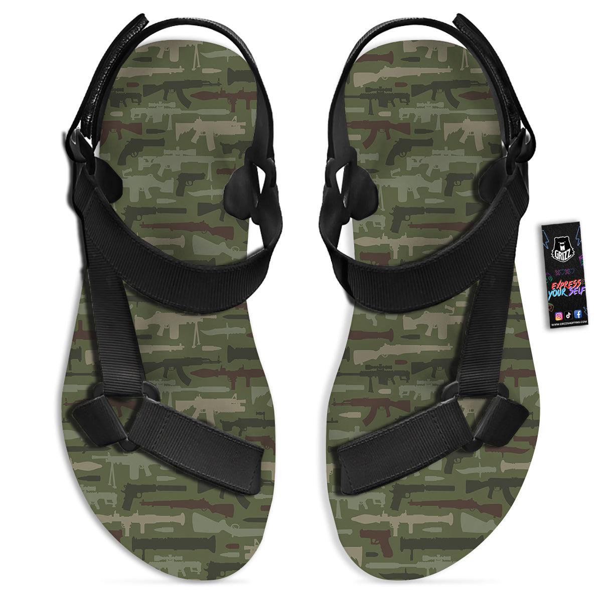Military Gun Camo Print Black Open Toe Sandals-grizzshop