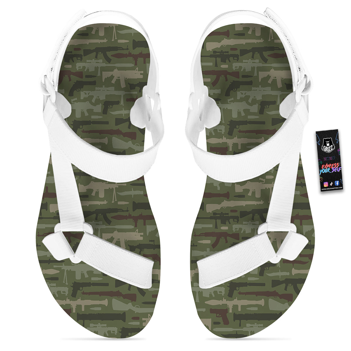 Military Gun Camo Print White Open Toe Sandals-grizzshop