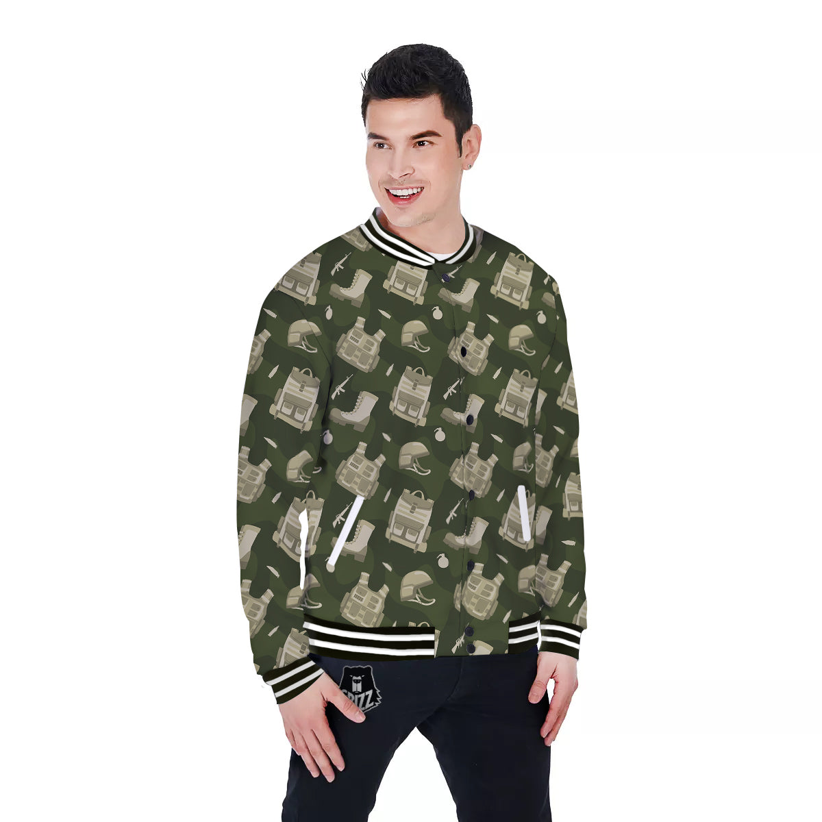 Military Helmet Backpack Print Pattern Baseball Jacket-grizzshop