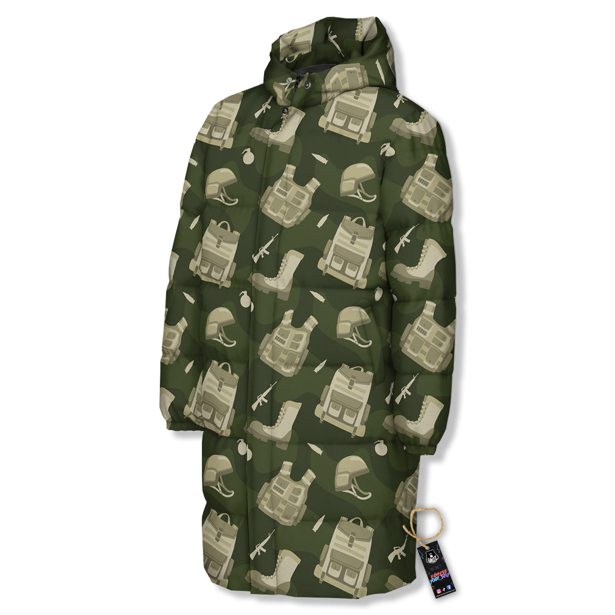 Military Helmet Backpack Print Pattern Long Down Jacket-grizzshop