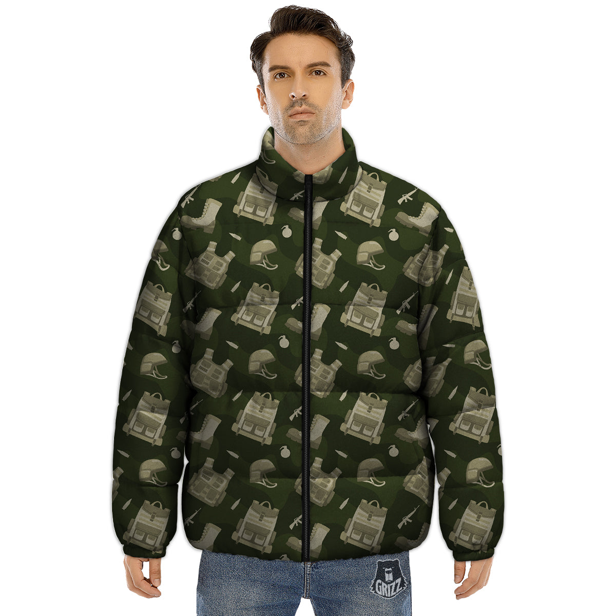 Military Helmet Backpack Print Pattern Puffer Jacket-grizzshop