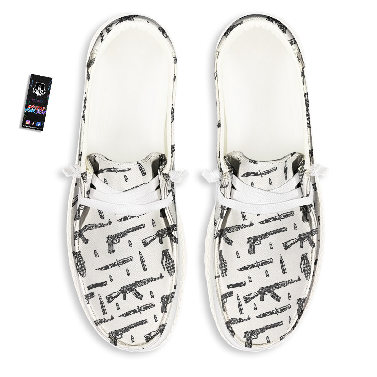 Military Weapon Vintage Print Pattern White Loafers-grizzshop