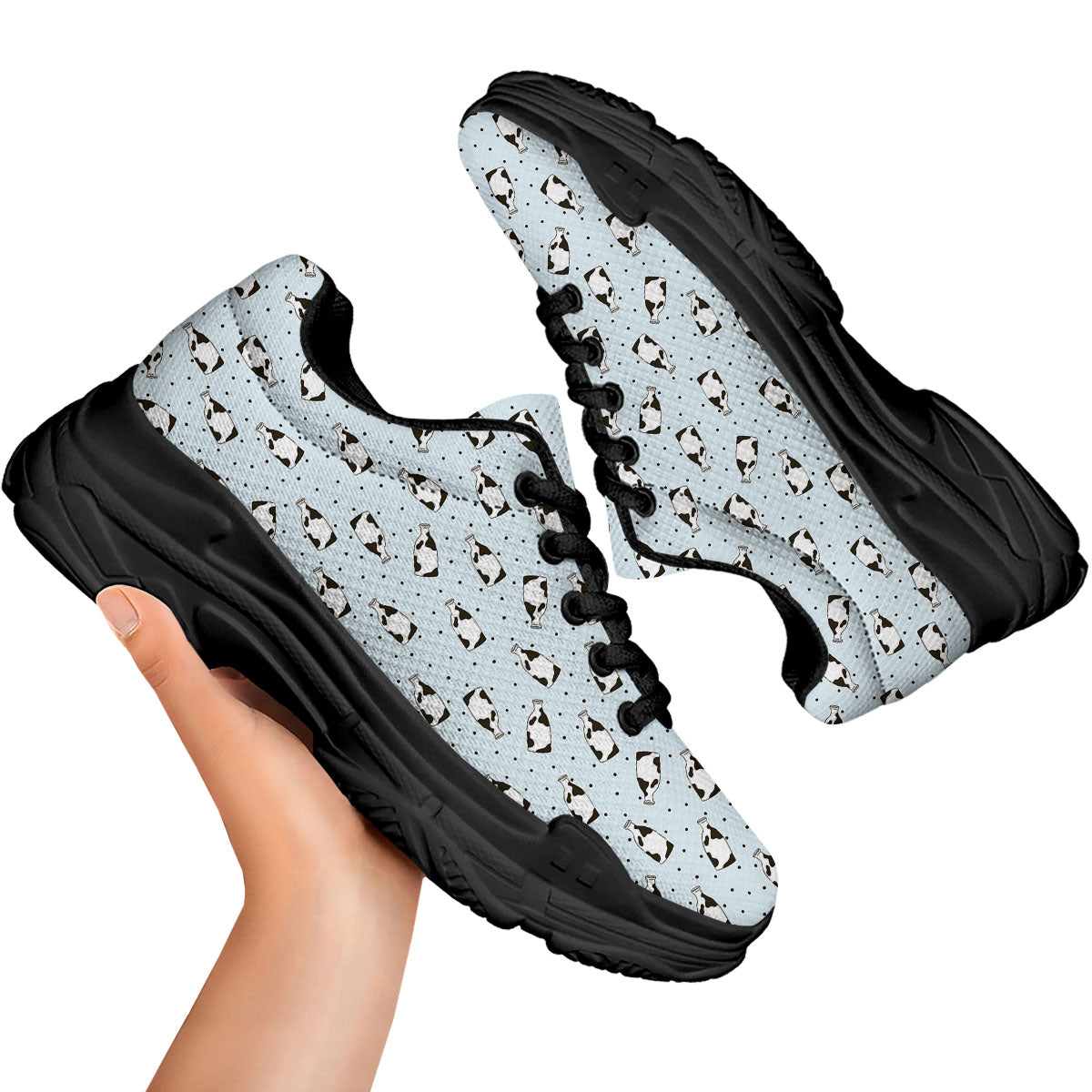 Milk Bottle Cow Print Pattern Black Chunky Shoes-grizzshop