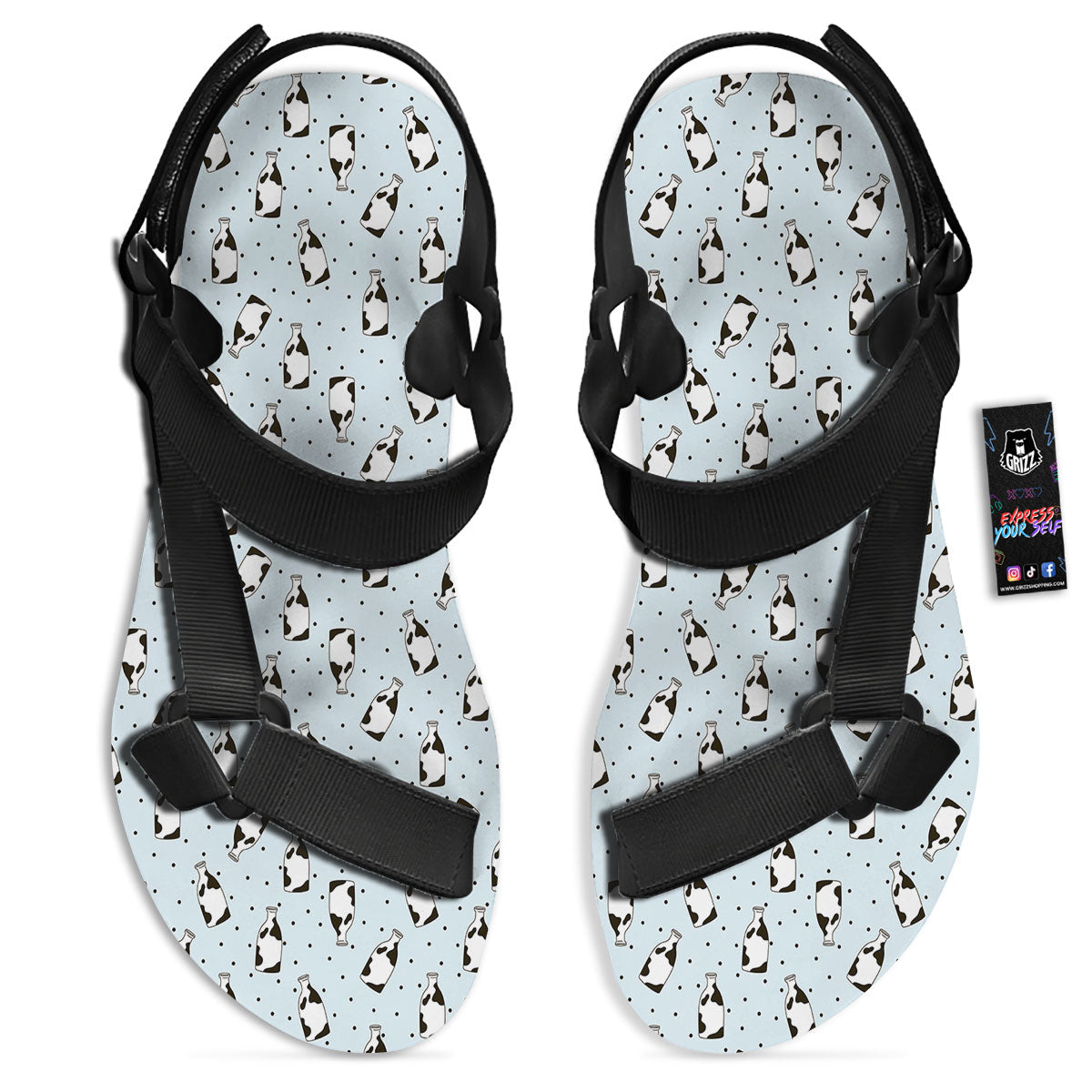 Milk Bottle Cow Print Pattern Black Open Toe Sandals-grizzshop