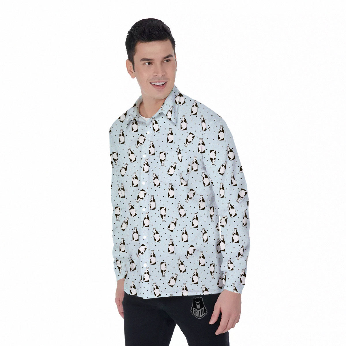 Milk Bottle Cow Print Pattern Men's Long Sleeve Shirts-grizzshop