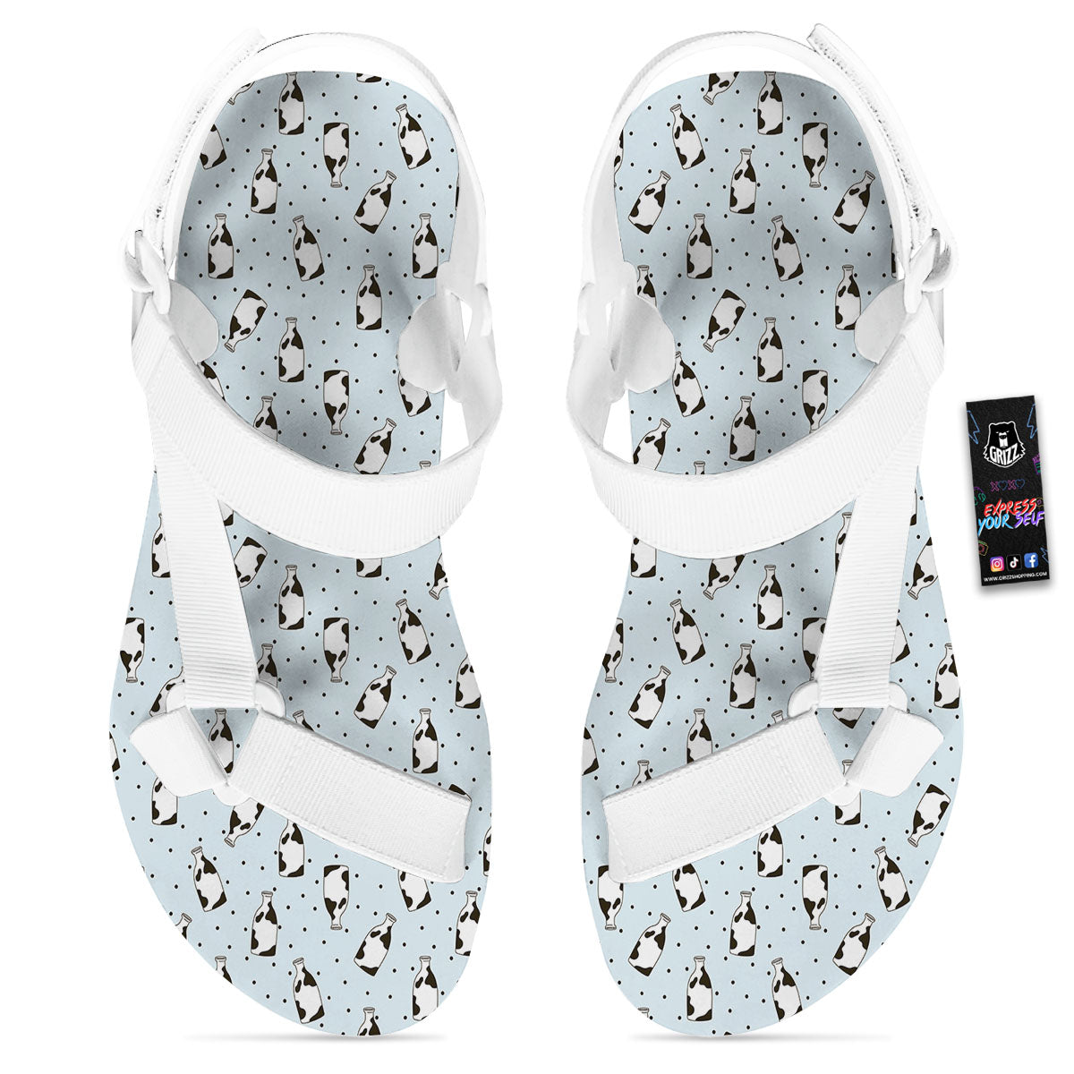 Milk Bottle Cow Print Pattern White Open Toe Sandals-grizzshop