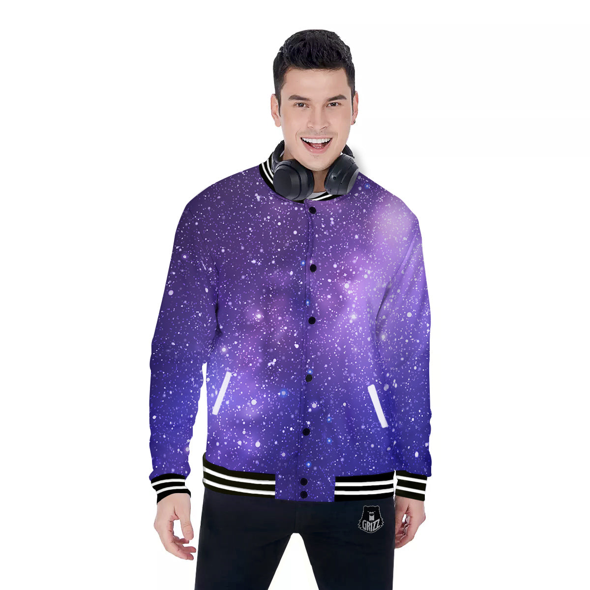 Milky Way Galaxy Space Dark Purple Print Baseball Jacket-grizzshop