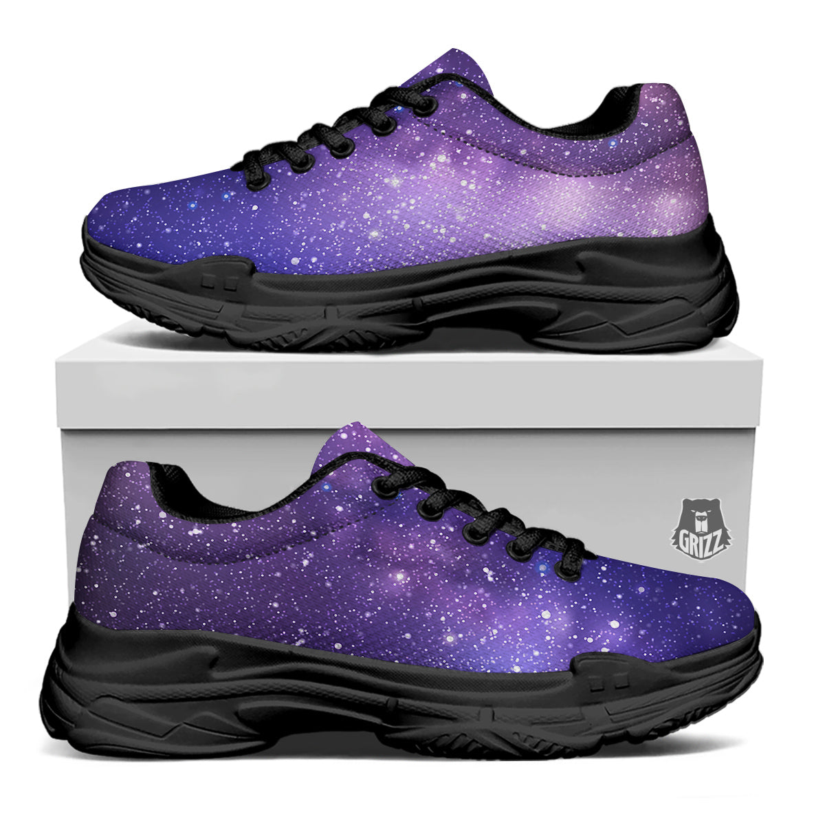 Milky Way Galaxy Space Dark Purple Print Black Chunky Shoes-grizzshop
