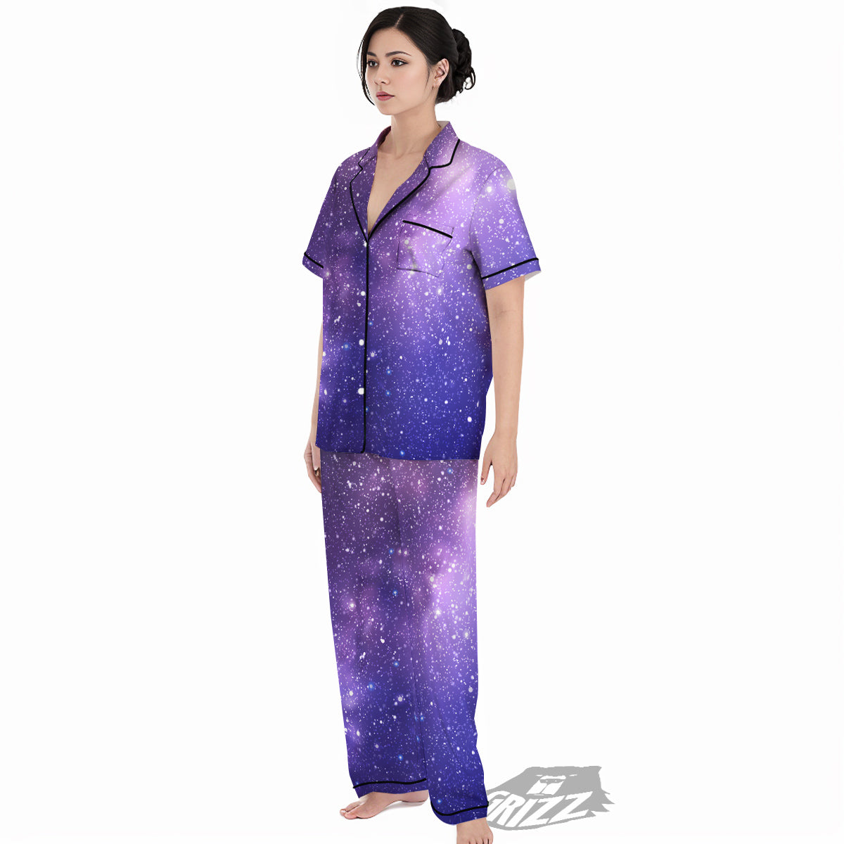 Milky Way Galaxy Space Dark Purple Print Women's Pajamas Set-grizzshop