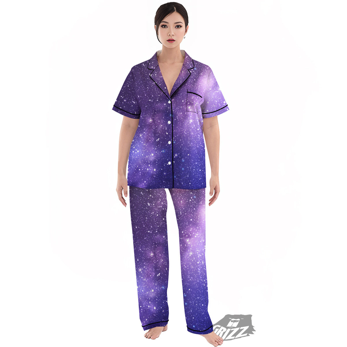 Milky Way Galaxy Space Dark Purple Print Women's Pajamas Set-grizzshop