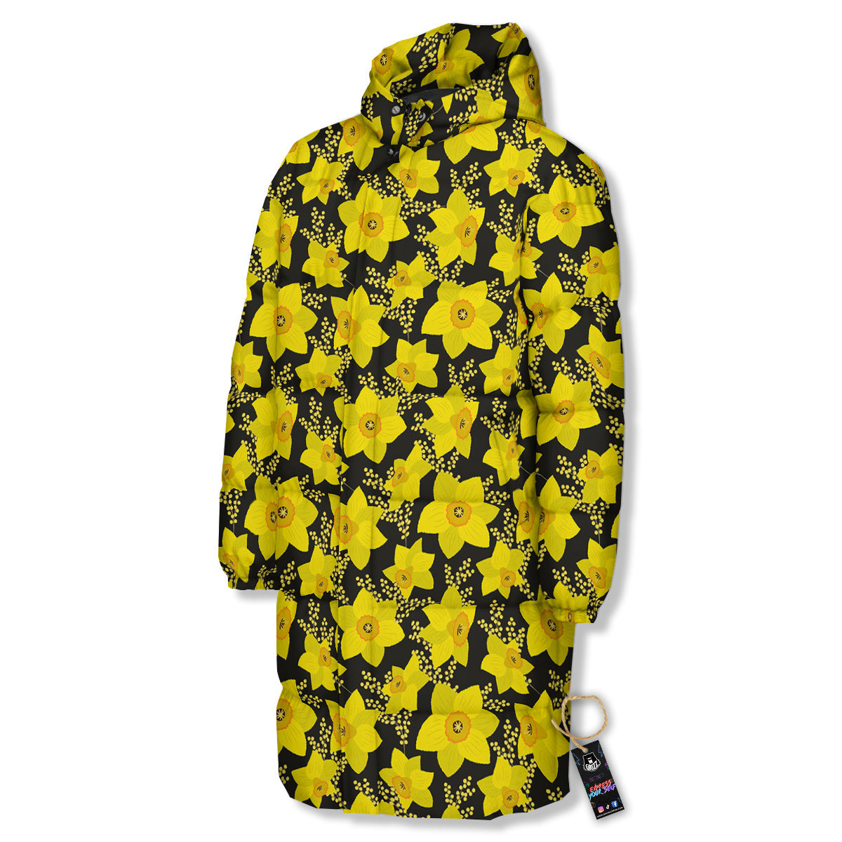 Mimosa And Daffodil Print Pattern Long Down Jacket-grizzshop