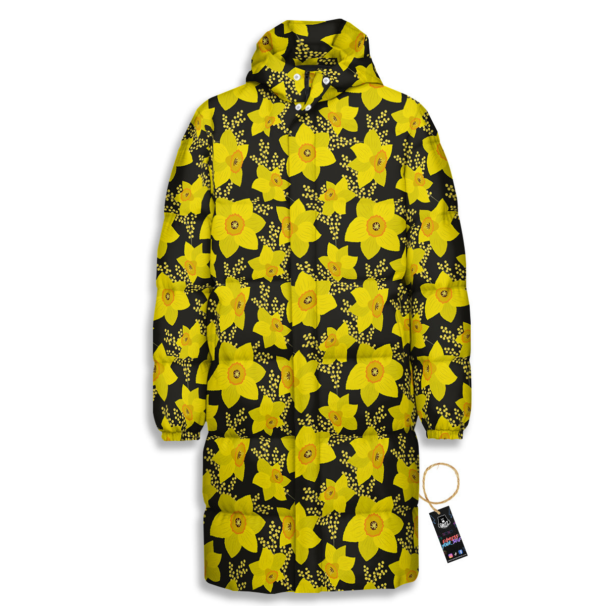 Mimosa And Daffodil Print Pattern Long Down Jacket-grizzshop