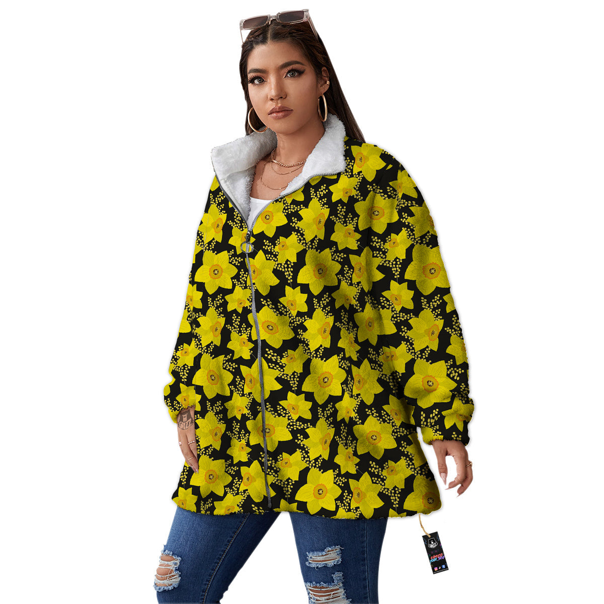 Mimosa And Daffodil Print Pattern Women's Sherpa Jacket-grizzshop
