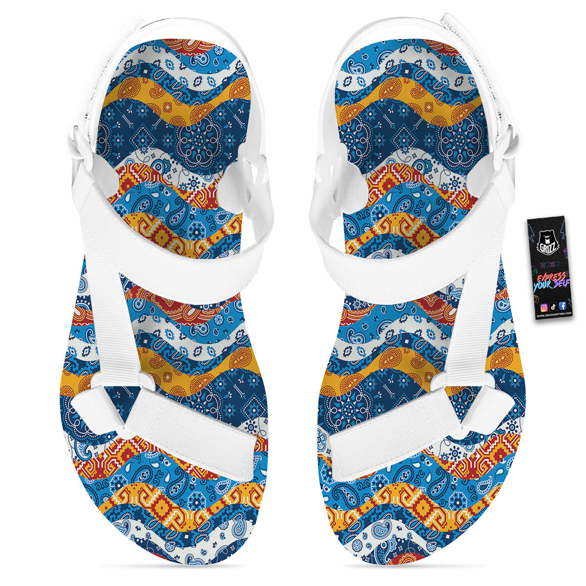Mix Bandanna Kerchief Print Pattern White Open Toe Sandals-grizzshop
