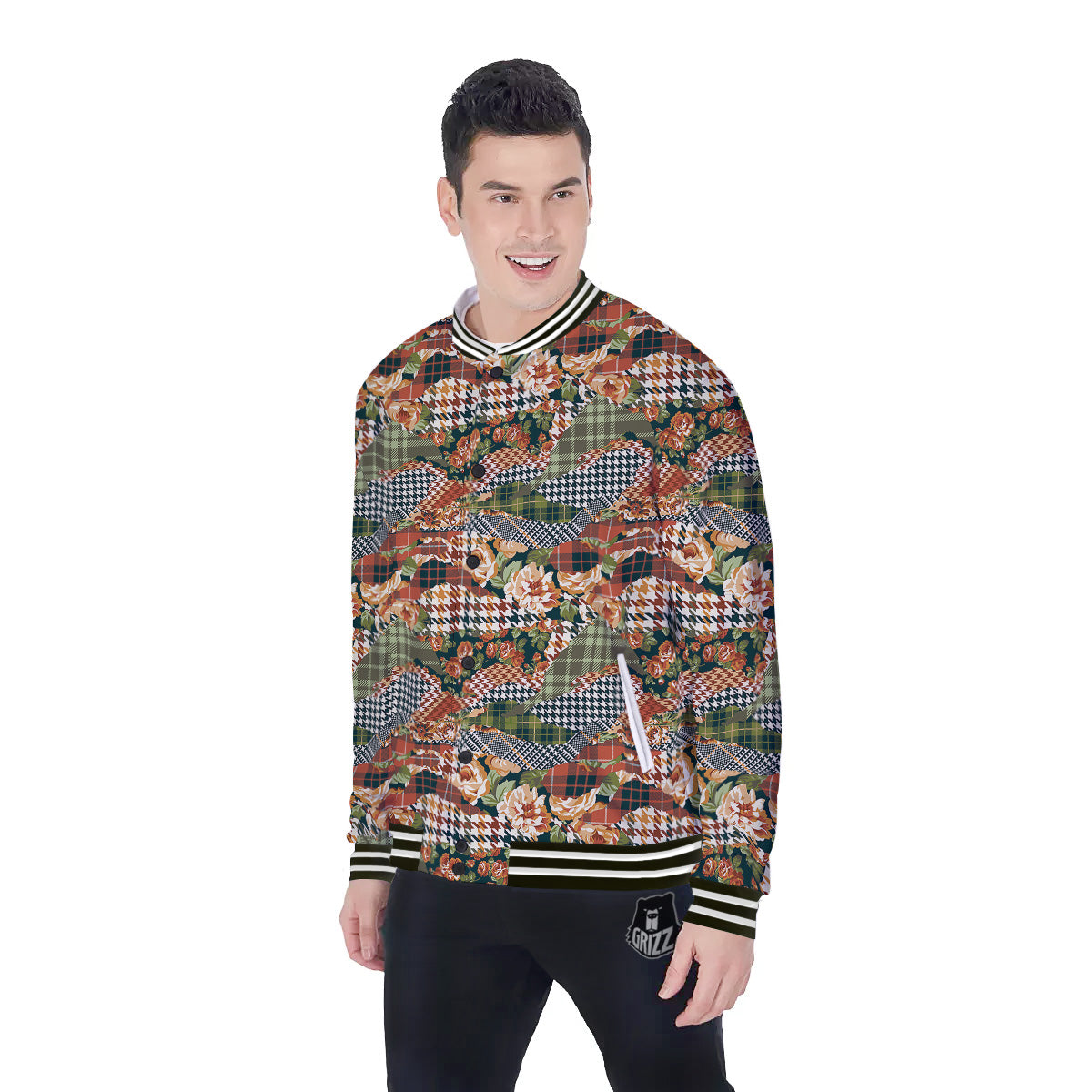 Mix Houndstooth Tartan Print Pattern Baseball Jacket-grizzshop