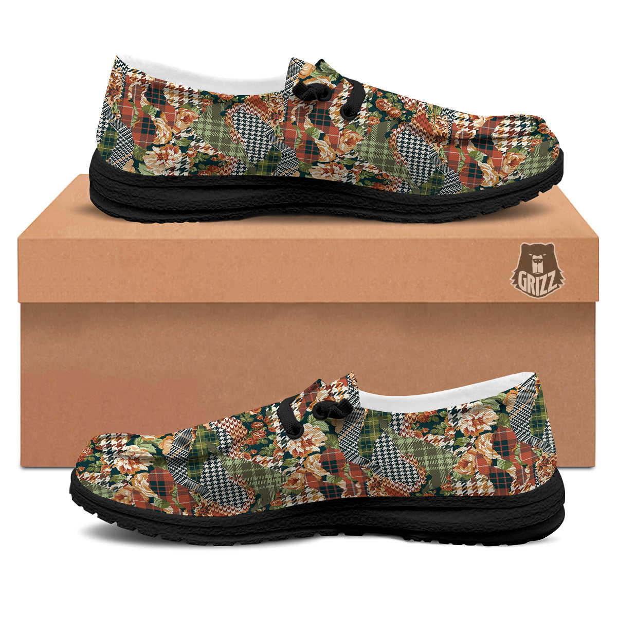 Mix Houndstooth Tartan Print Pattern Black Loafers-grizzshop