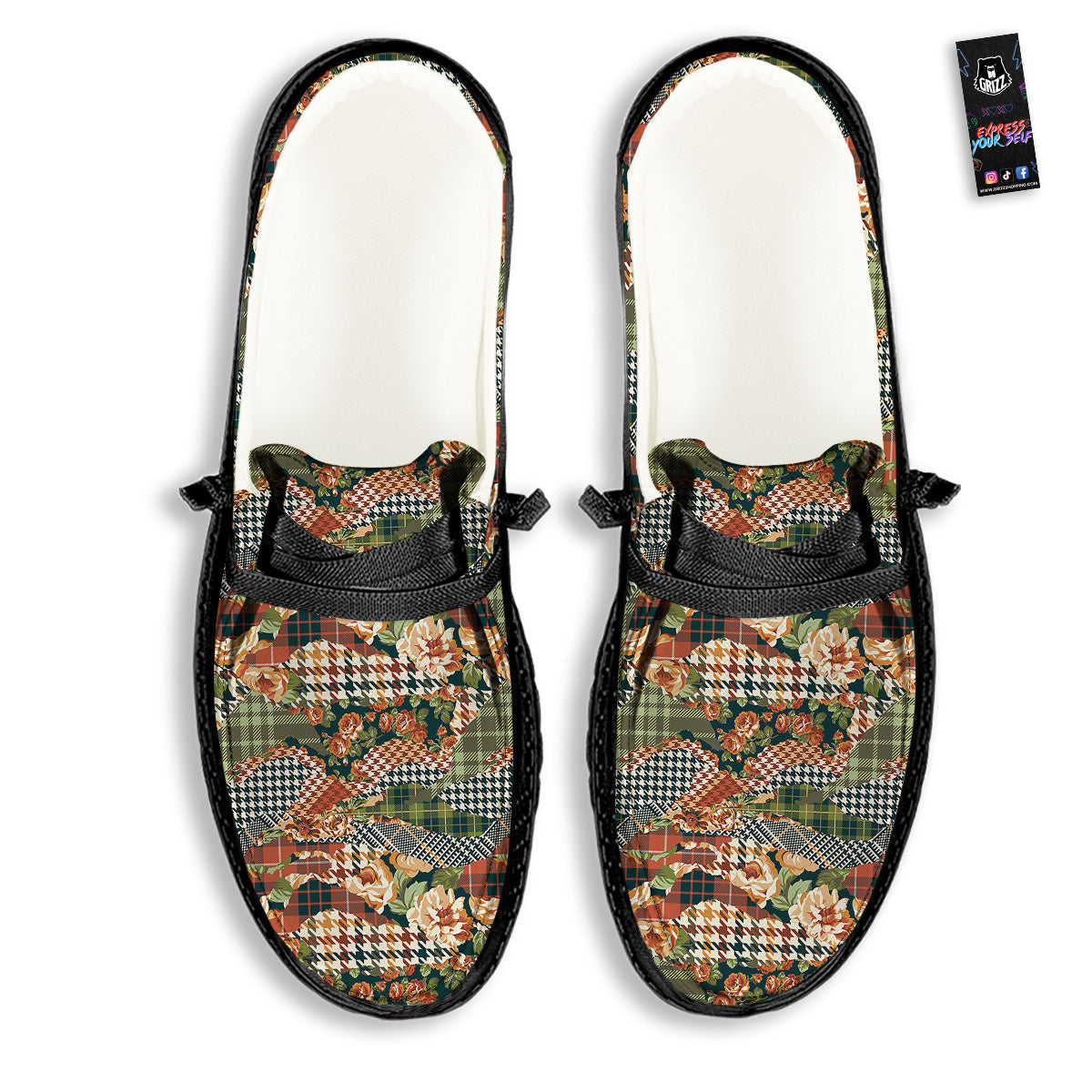 Mix Houndstooth Tartan Print Pattern Black Loafers-grizzshop