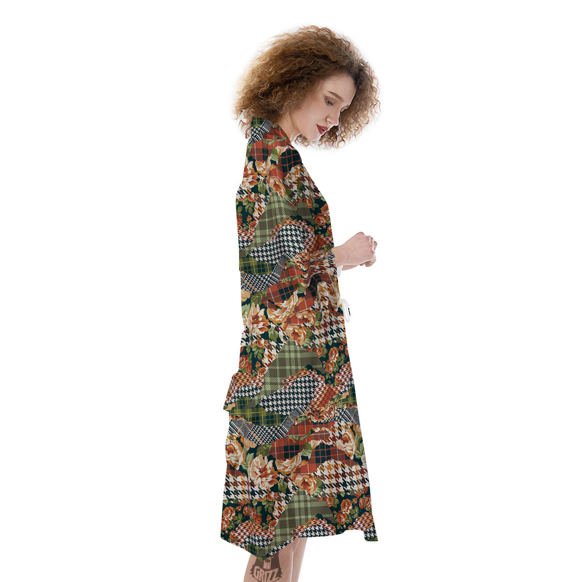 Mix Houndstooth Tartan Print Pattern Kimono-grizzshop
