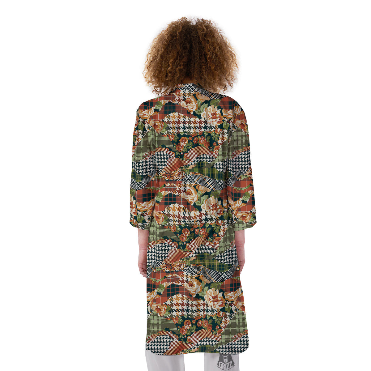 Mix Houndstooth Tartan Print Pattern Kimono-grizzshop