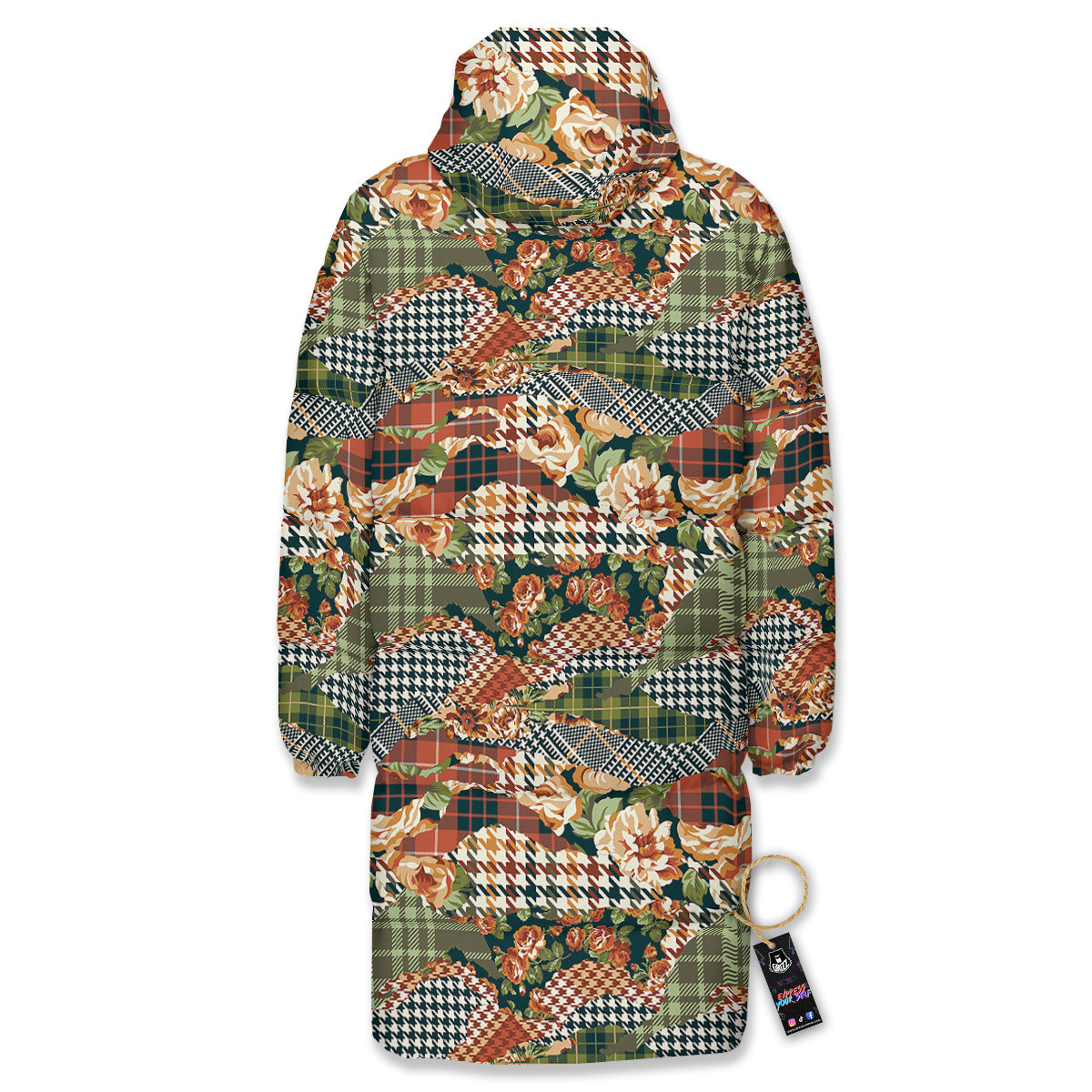 Mix Houndstooth Tartan Print Pattern Long Down Jacket-grizzshop