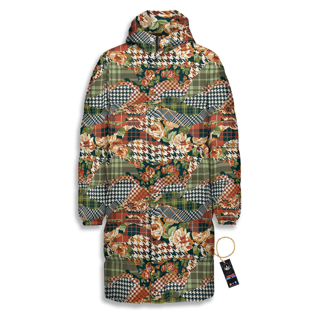 Mix Houndstooth Tartan Print Pattern Long Down Jacket-grizzshop