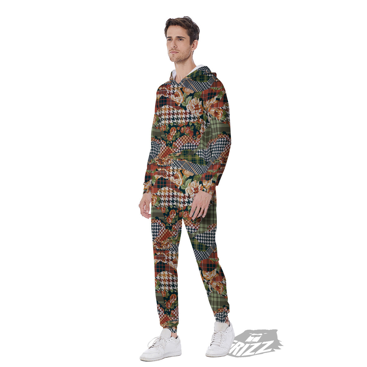Mix Houndstooth Tartan Print Pattern Men's Jumpsuit-grizzshop
