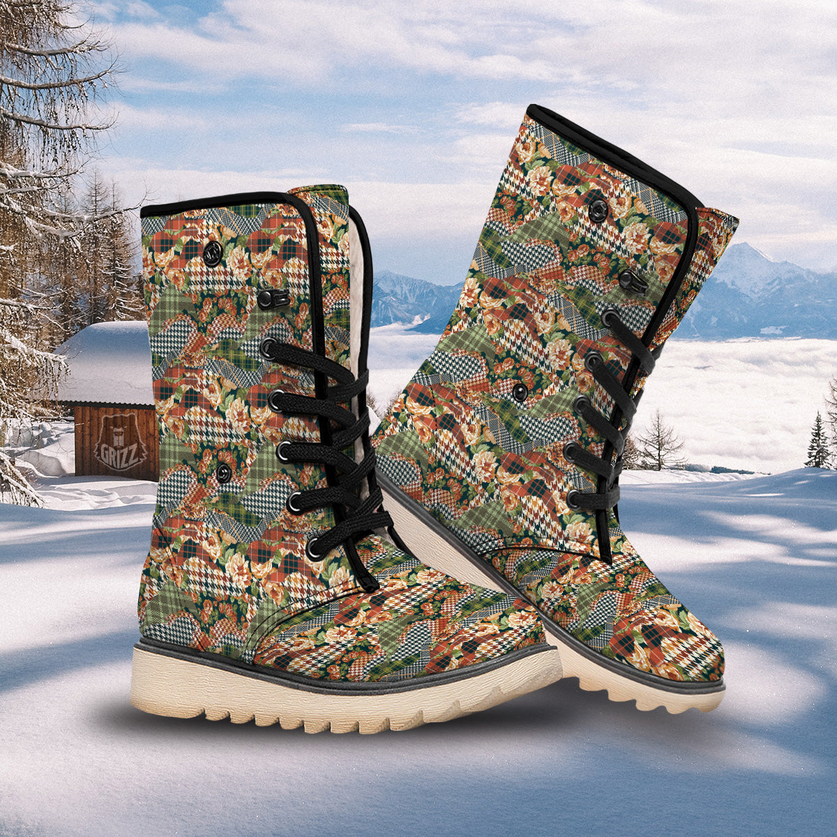 Mix Houndstooth Tartan Print Pattern Snow Boots-grizzshop