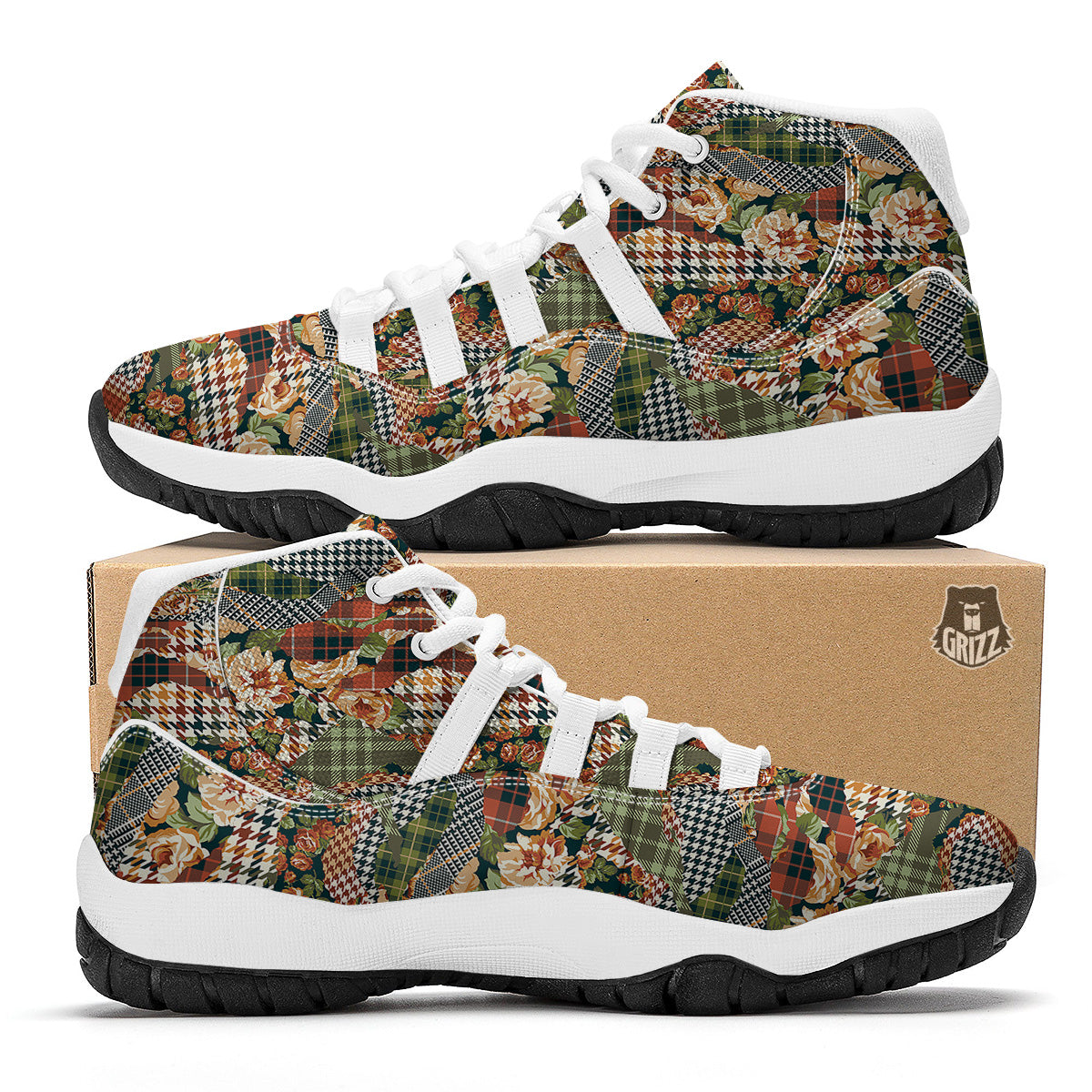 Mix Houndstooth Tartan Print Pattern White Bball Shoes-grizzshop