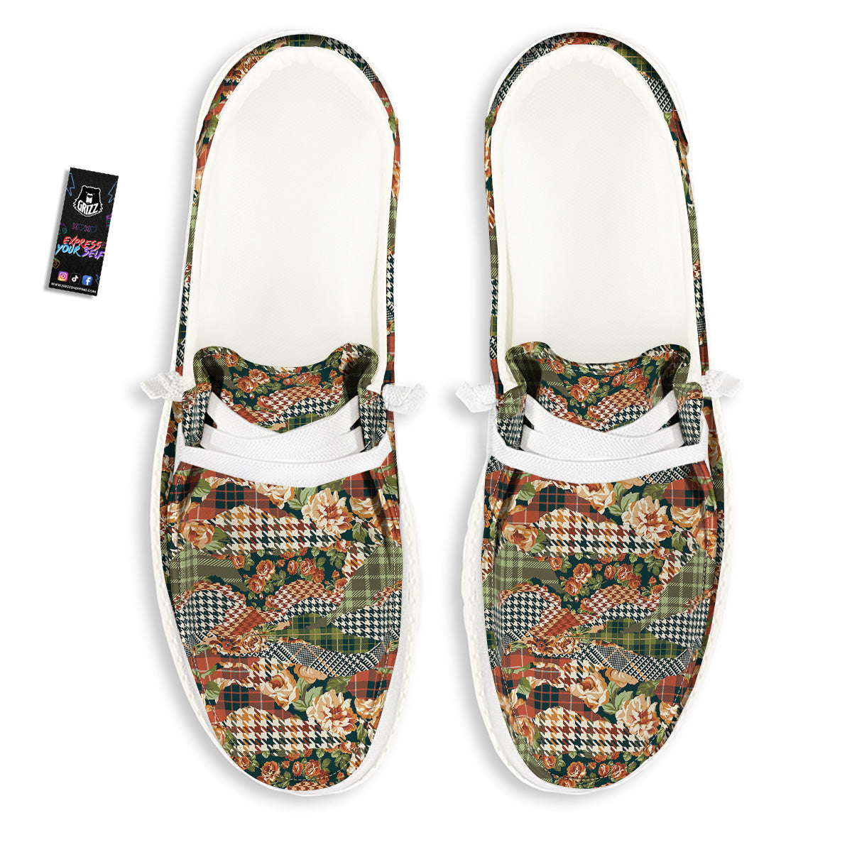 Mix Houndstooth Tartan Print Pattern White Loafers-grizzshop