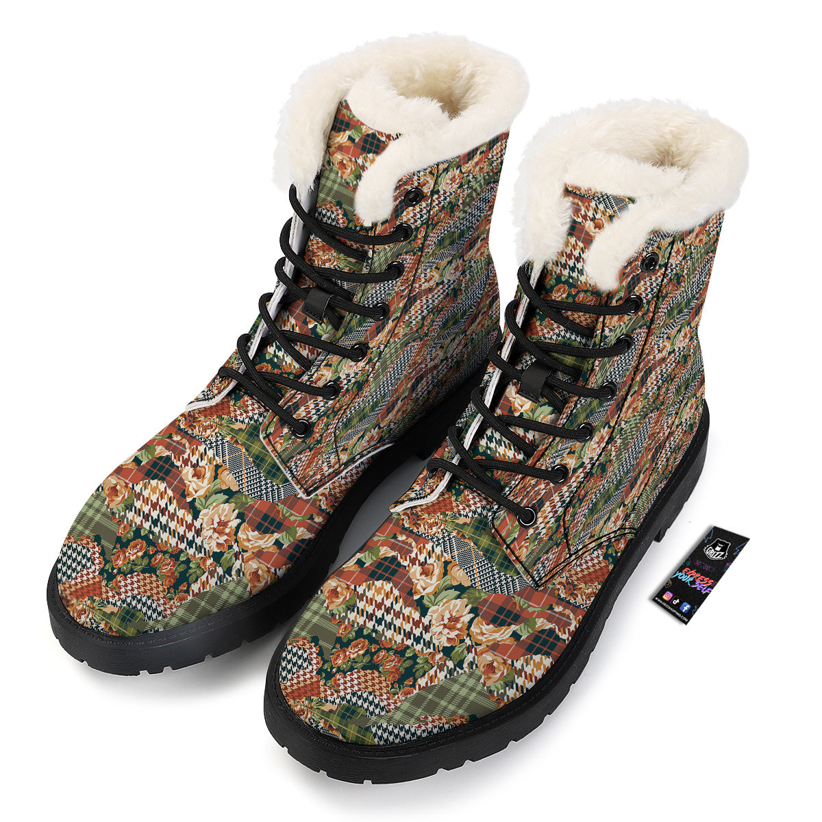 Mix Houndstooth Tartan Print Pattern Winter Boots-grizzshop