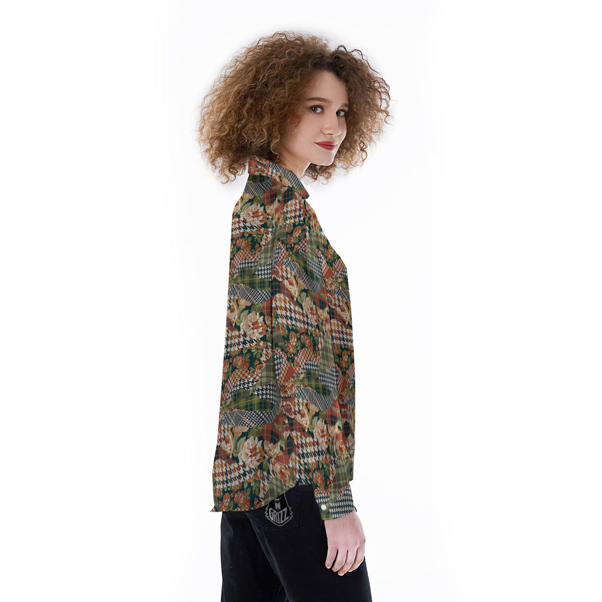 Mix Houndstooth Tartan Print Pattern Women's Long Sleeve Shirts-grizzshop